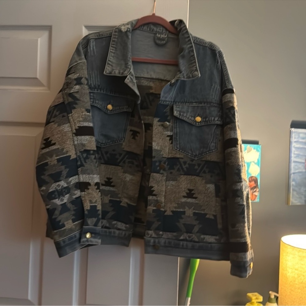 ARULA Blue Denim Jacket with Gray & Black Aztec Pattern